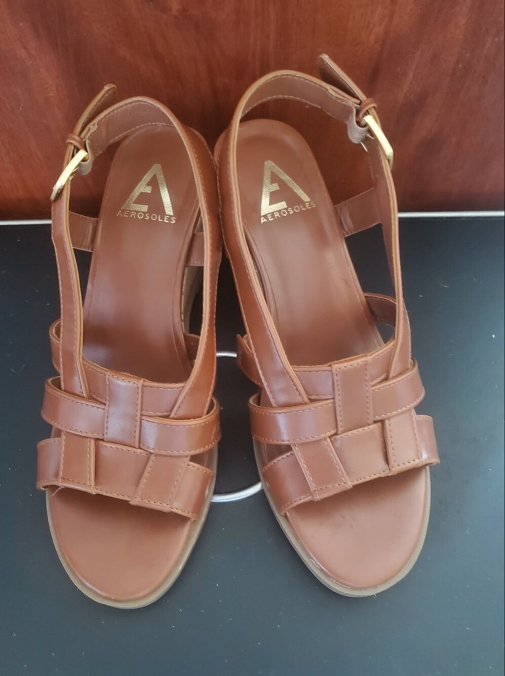 AEROSOLES Tan Woven Leather Slingback Sandals